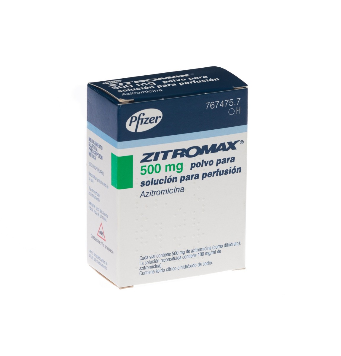 ZITROMAX 500 mg POLVO PARA SOLUCION PARA PERFUSION, 1 vial fotografía del envase.