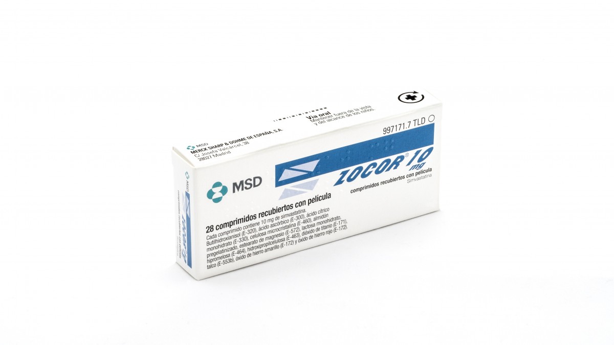 ZOCOR 10 mg COMPRIMIDOS RECUBIERTOS CON PELICULA , 28 comprimidos fotografía del envase.