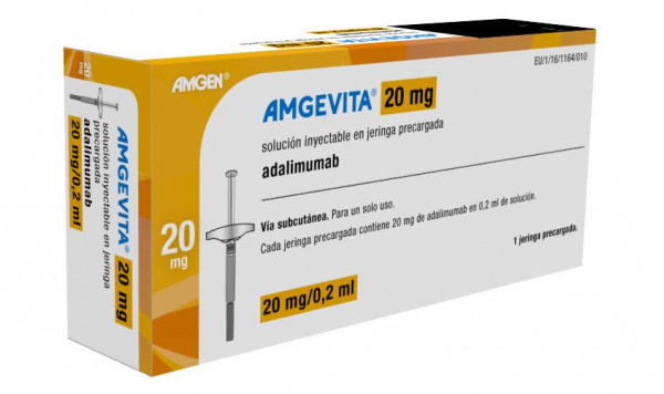 AMGEVITA 20 MG SOLUCION INYECTABLE EN JERINGA PRECARGADA, 1 jeringa precargada de 0,2 ml (100 mg/ml) fotografía del envase.