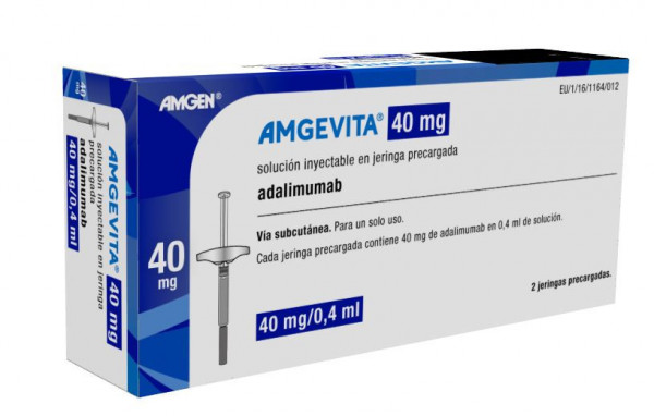 AMGEVITA 40 MG SOLUCION INYECTABLE EN JERINGA PRECARGADA, 2 jeringas precargadas de 0,4 ml (100 mg/ml) fotografía del envase.