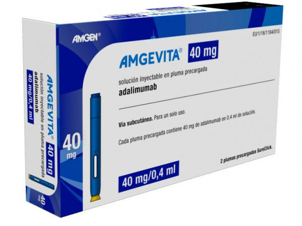 AMGEVITA 40 MG SOLUCION INYECTABLE EN PLUMA PRECARGADA, 2 plumas precargadas de 0,4 ml (100 mg/ml) fotografía del envase.