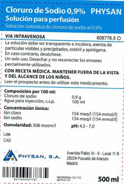 CLORURO DE SODIO PHYSAN 0,9%  SOLUCION PARA PERFUSION , 50 bolsas de 100 ml conteniendo 50 ml (PVC) fotografía del envase.