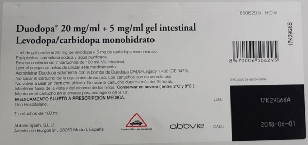 Duodopa 20 Mgml 5 Mgml Gel Intestinal 7 Cartuchos De 100 Ml