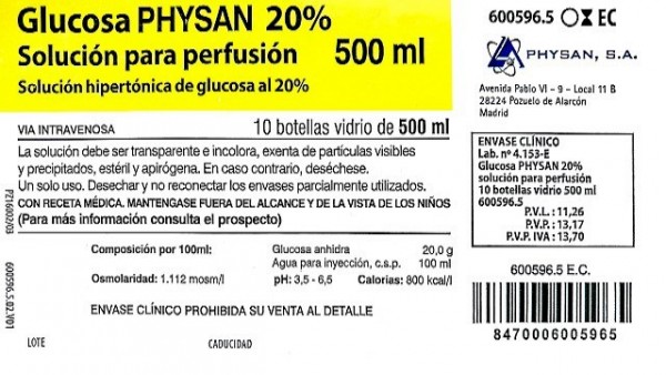 GLUCOSA PHYSAN 20% SOLUCION PARA PERFUSION,  10 frascos de  500 ml fotografía del envase.