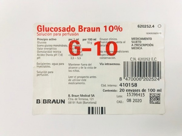 GLUCOSADO BRAUN 10% SOLUCION PARA PERFUSION , 10 frascos de 500 ml fotografía del envase.