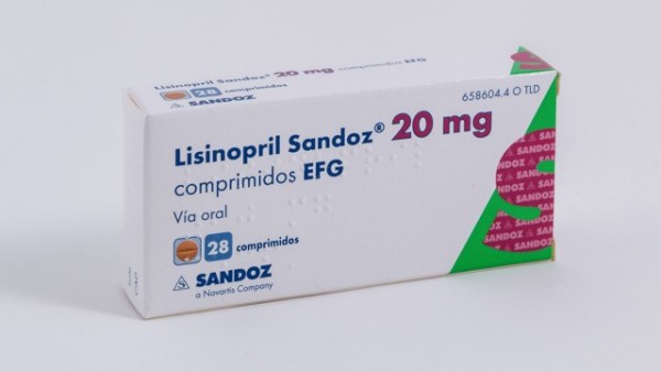 LISINOPRIL SANDOZ 20 mg COMPRIMIDOS EFG , 28 comprimidos fotografía del envase.