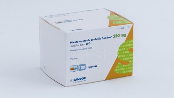MICOFENOLATO DE MOFETILO SANDOZ 250 mg CAPSULAS DURAS EFG , 100 cápsulas fotografía del envase.