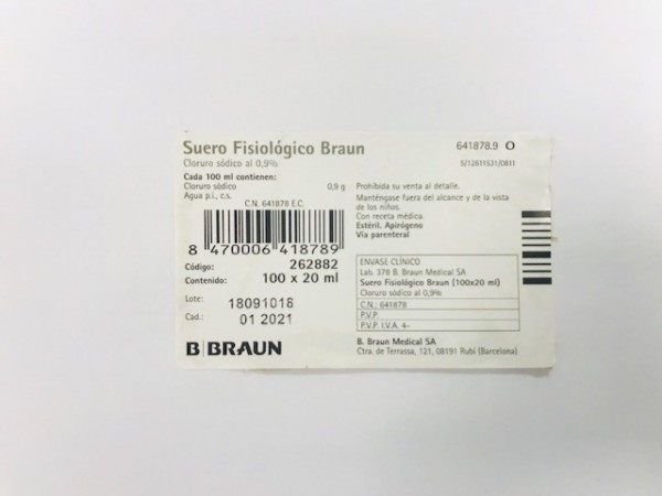 SUERO FISIOLOGICO BRAUN 0,9% disolvente para uso parenteral,20 ampollas de 20 ml ((MP Classic) fotografía del envase.