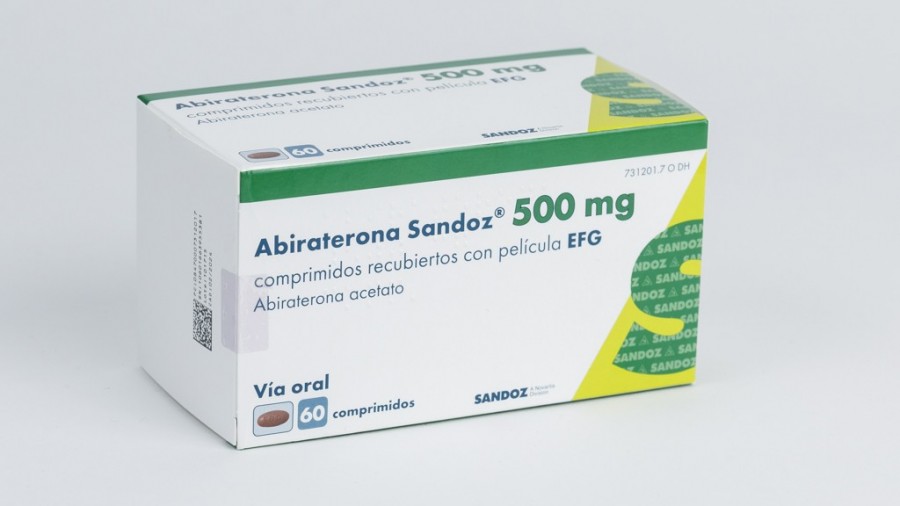 ABIRATERONA SANDOZ 500 MG COMPRIMDOS RECUBIERTOS CON PELICULA EFG, 60 comprimidos (Al/PVC/PE/PVDC) fotografía del envase.