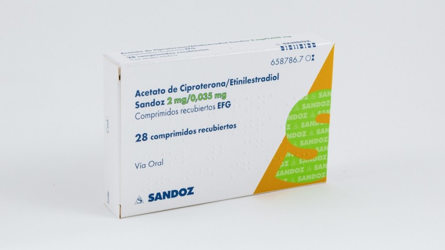 ACETATO DE CIPROTERONA/ETINILESTRADIOL SANDOZ 2 mg/ 0.035 mg COMPRIMIDOS RECUBIERTOS EFG , 28 comprimidos fotografía del envase.