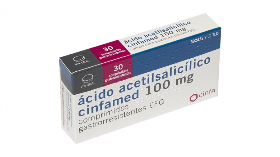 ACIDO ACETILSALICILICO CINFAMED 100 MG COMPRIMIDOS GASTRORRESISTENTES EFG, 30 comprimidos fotografía del envase.