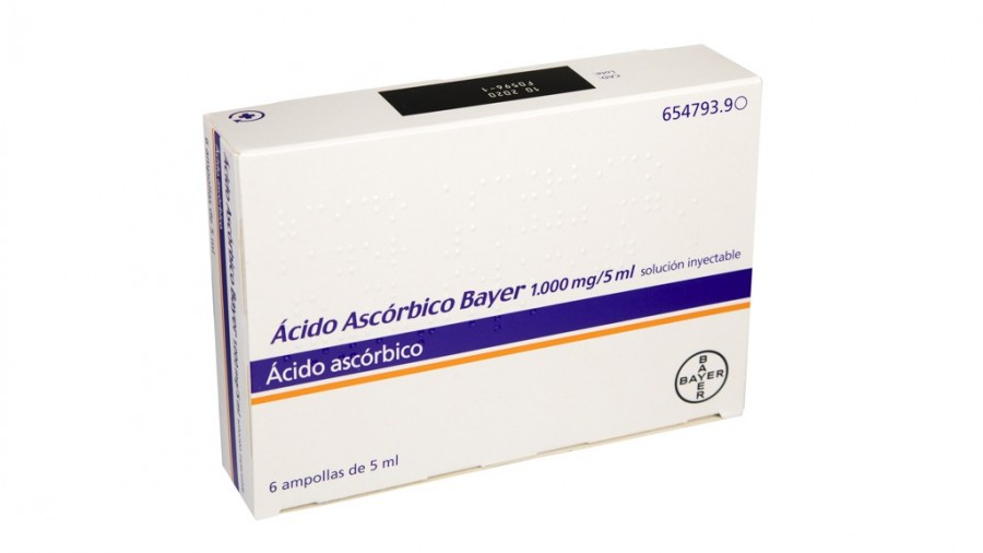 ACIDO ASCORBICO BAYER 1000 mg/5 ml SOLUCION INYECTABLE, 3 ampollas de 10 ml fotografía del envase.