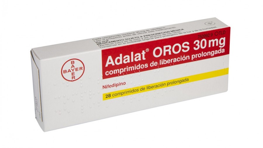 ADALAT OROS 30 mg, COMPRIMIDOS DE LIBERACION PROLONGADA, 28 comprimidos (PVC/PVDC/Al) fotografía del envase.