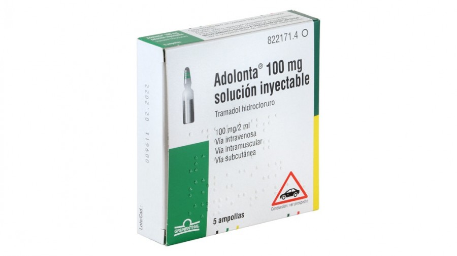 ADOLONTA 100 mg/2 ml  SOLUCION INYECTABLE Y PARA PERFUSION , 5 ampollas de 2 ml fotografía del envase.