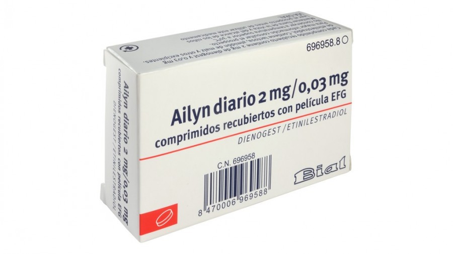 AILYN DIARIO 2 MG/0,03 MG COMPRIMIDOS RECUBIERTOS CON PELICULA EFG 84 comprimidos (21 comprimidos + 7 placebo) x 3 fotografía del envase.