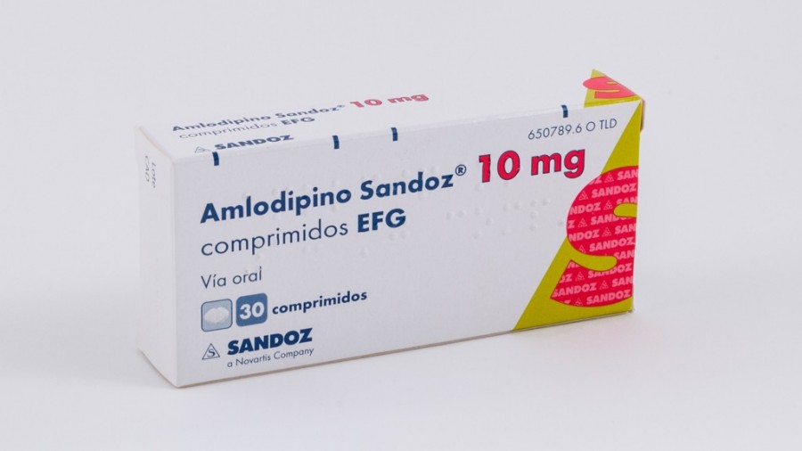 AMLODIPINO SANDOZ 10 mg COMPRIMIDOS EFG , 30 comprimidos fotografía del envase.