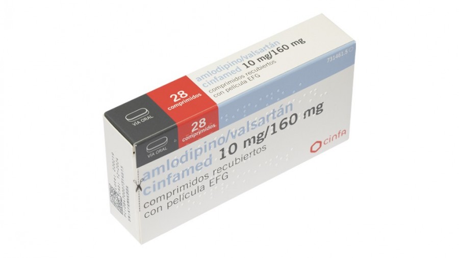 AMLODIPINO/VALSARTAN CINFAMED 10 mg/160 mg COMPRIMIDOS RECUBIERTOS CON PELICULA EFG, 28 comprimidos (PVC/PVDC-Alu) fotografía del envase.