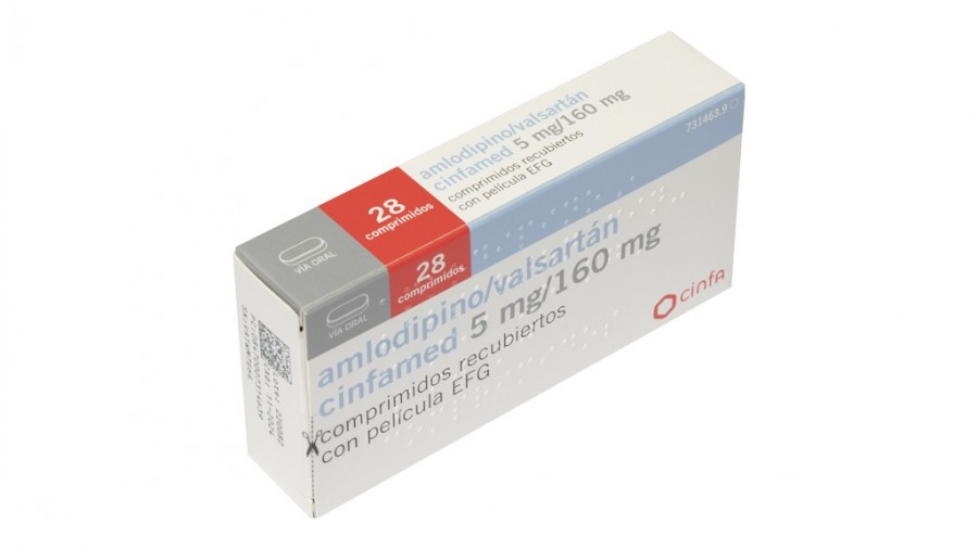AMLODIPINO/VALSARTAN CINFAMED 5 mg/160 mg COMPRIMIDOS RECUBIERTOS CON PELICULA EFG, 28 comprimidos (PVC/PVDC-Alu) fotografía del envase.