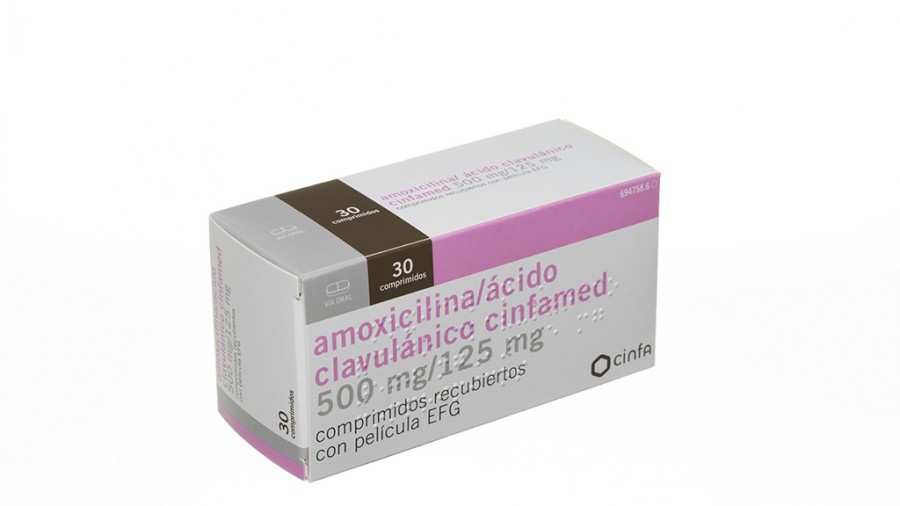 AMOXICILINA/ACIDO CLAVULANICO CINFAMED 500 mg/125 mg COMPRIMIDOS RECUBIERTOS CON PELICULA EFG , 12 comprimidos fotografía del envase.