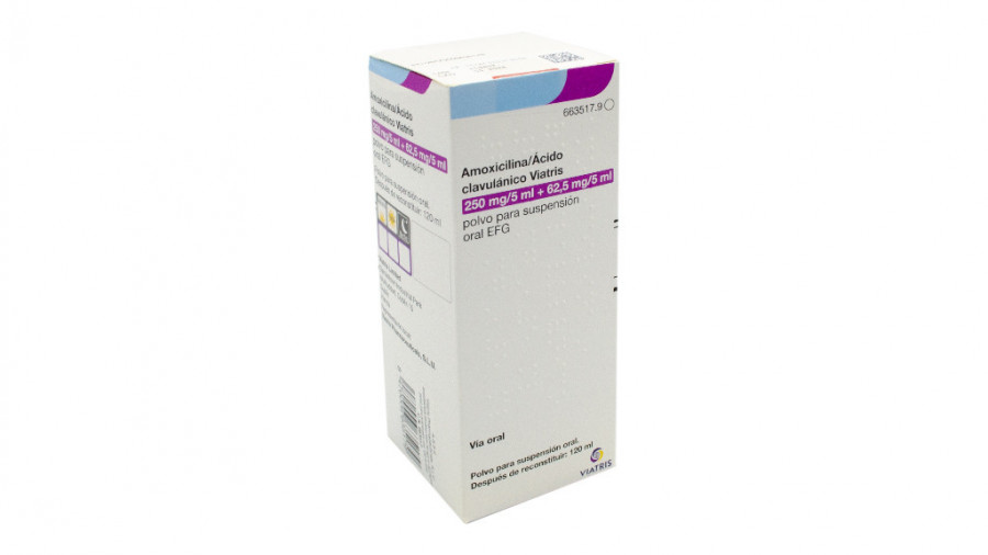 AMOXICILINA/ACIDO CLAVULANICO VIATRIS 250 MG/5ML + 62,5 MG/5 ML POLVO PARA SUSPENSION ORAL EFG, 1 frasco de 120 ml fotografía del envase.