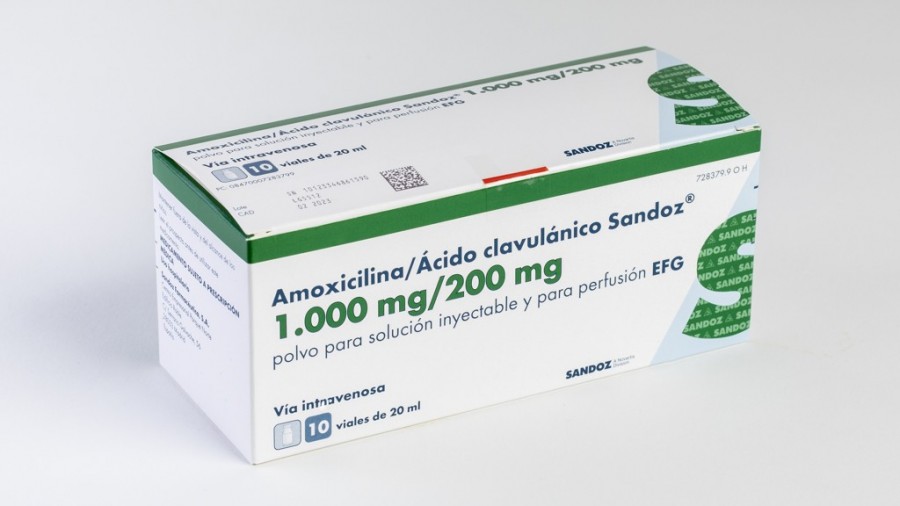 AMOXICILINA/ACIDO CLAVULANICO SANDOZ 1000  mg/200 mg POLVO PARA SOLUCION INYECTABLE Y PARA PERFUSION EFG, 100 viales fotografía del envase.