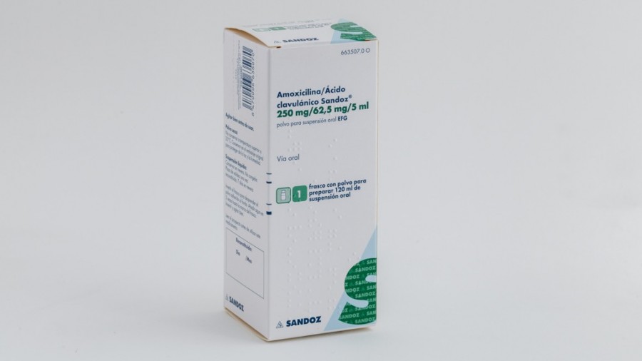 AMOXICILINA / ACIDO CLAVULANICO SANDOZ 250/62,5 mg/5  ml  POLVO PARA SUSPENSION ORAL EFG, 1 frasco de 120 ml fotografía del envase.