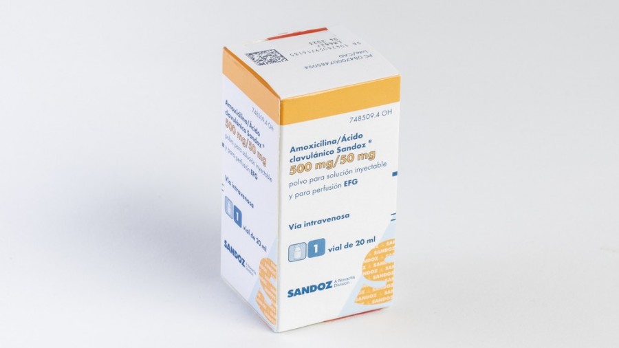 AMOXICILINA/ACIDO CLAVULANICO SANDOZ 500 mg/50 mg POLVO PARA SOLUCION INYECTABLE Y PARA PERFUSION EFG, 1 vial fotografía del envase.