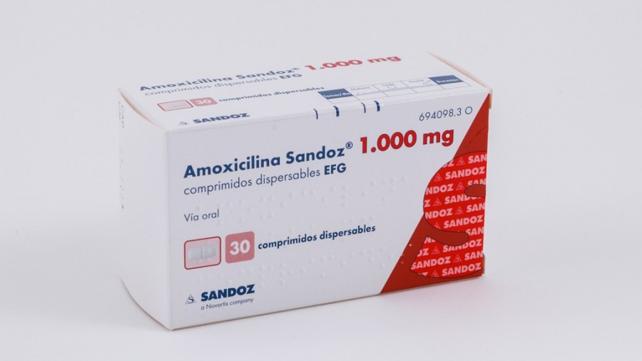 AMOXICILINA SANDOZ 1000 mg COMPRIMIDOS DISPERSABLES EFG, 24 comprimidos fotografía del envase.