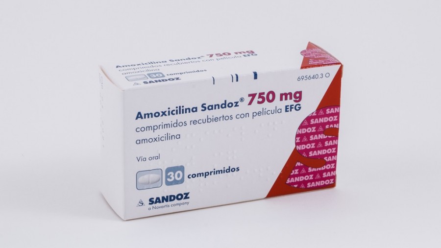 AMOXICILINA SANDOZ 750 mg COMPRIMIDOS RECUBIERTOS CON PELICULA EFG , 24 comprimidos fotografía del envase.