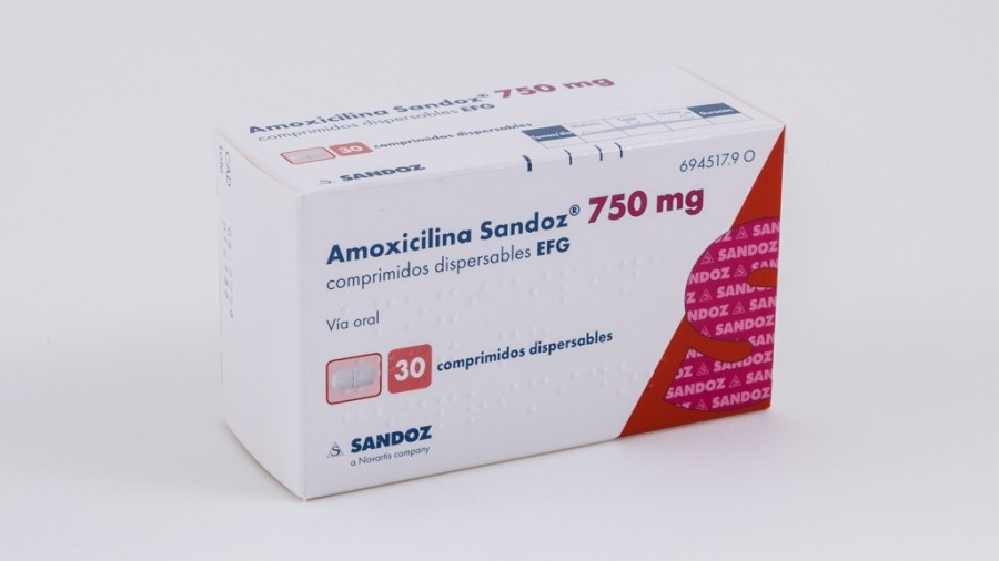 AMOXICILINA SANDOZ 750 mg COMPRIMIDOS DISPERSABLES EFG, 24 comprimidos fotografía del envase.