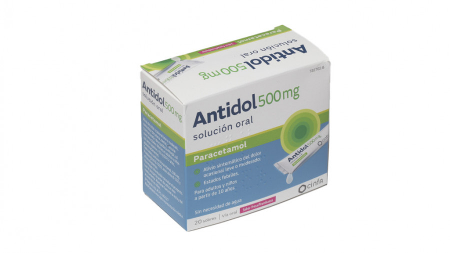 ANTIDOL 500 MG SOLUCION ORAL, 20 sobres fotografía del envase.