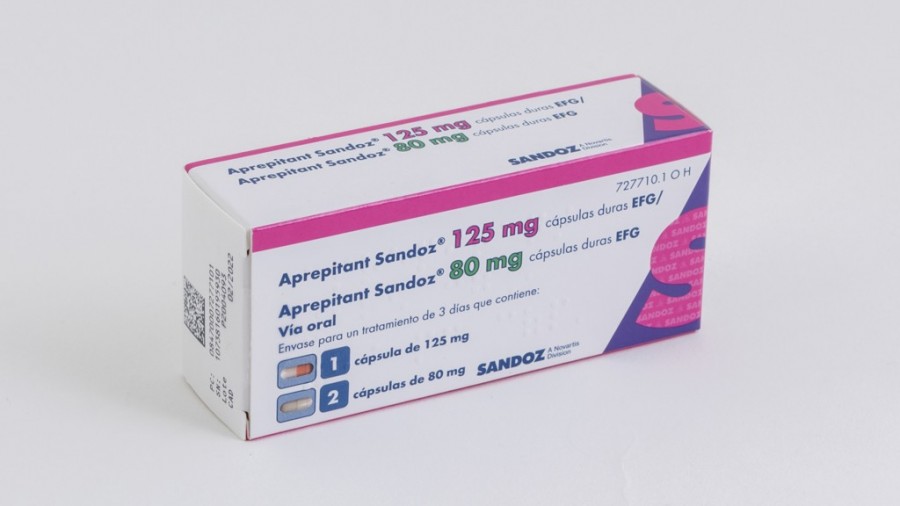APREPITANT SANDOZ 125 MG CAPSULAS DURAS EFG/APREPITANT SANDOZ 80 MG CAPSULAS DURAS EFG, 1 cápsula de 125 mg y 2 cápsulas de 80 mg fotografía del envase.