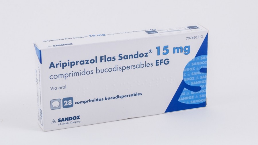 ARIPIPRAZOL FLAS SANDOZ 15 MG COMPRIMIDOS BUCODISPERSABLES EFG , 28 comprimdos fotografía del envase.
