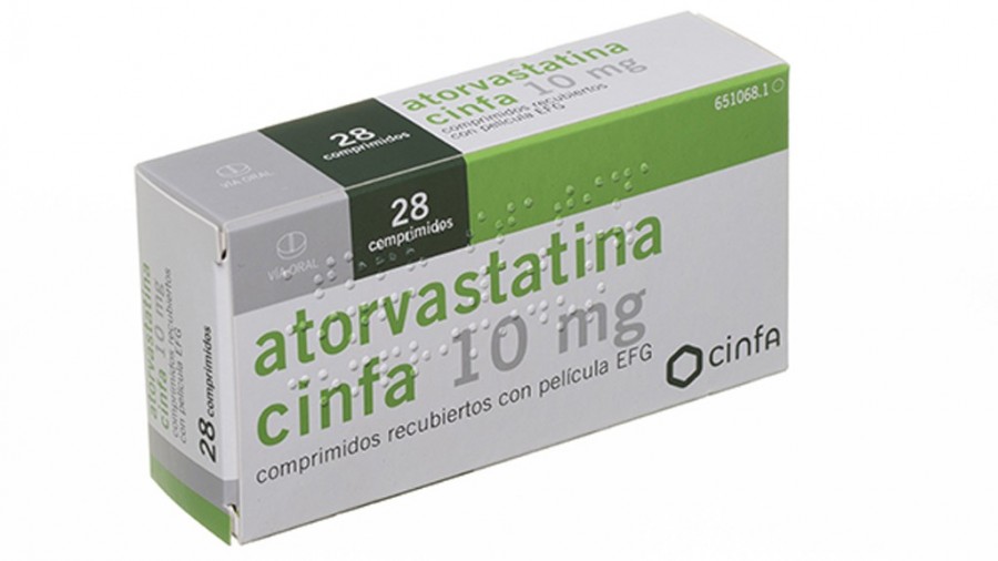 ATORVASTATINA CINFA 10 mg COMPRIMIDOS RECUBIERTOS CON PELICULA EFG, 500 comprimidos fotografía del envase.