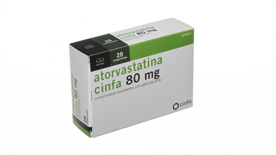 ATORVASTATINA CINFA 80 mg COMPRIMIDOS RECUBIERTOS CON PELICULA EFG, 28 comprimidos fotografía del envase.