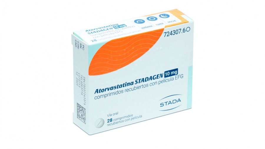 ATORVASTATINA STADAGEN 10 MG COMPRIMIDOS RECUBIERTOS CON PELICULA EFG 28 comprimidos (PVC-PE-PVDC-AL) fotografía del envase.