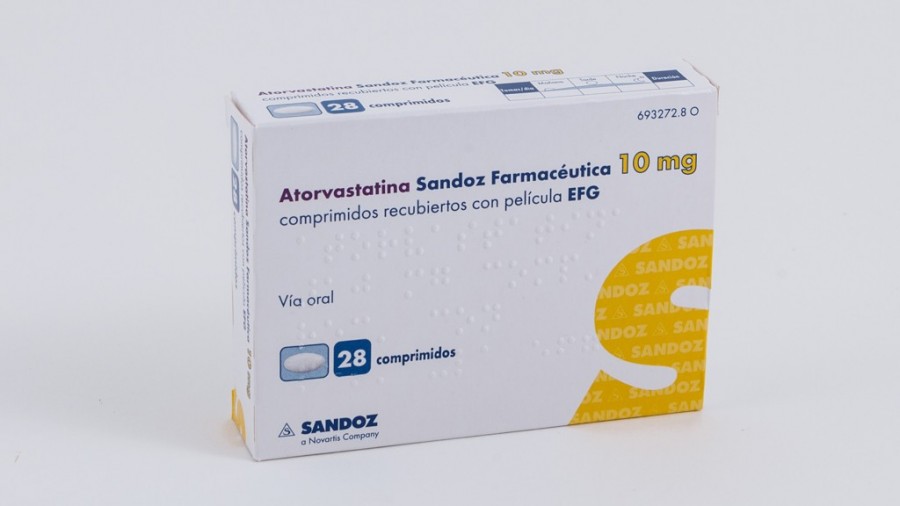 ATORVASTATINA SANDOZ FARMACEUTICA 10 mg COMPRIMIDOS RECUBIERTOS CON PELÍCULA EFG , 500 comprimidos fotografía del envase.