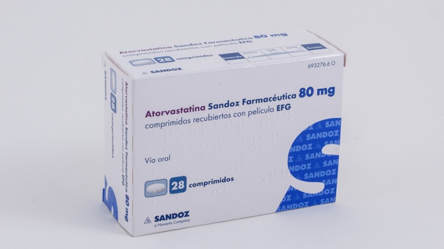 ATORVASTATINA SANDOZ FARMACEUTICA 80 mg COMPRIMIDOS RECUBIERTOS CON PELÍCULA EFG , 500 comprimidos fotografía del envase.
