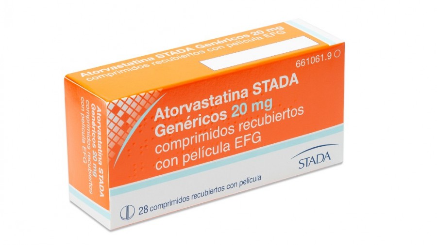 ATORVASTATINA STADA GENERICOS 20 mg COMPRIMIDOS RECUBIERTOS CON PELICULA EFG , 28 comprimidos fotografía del envase.