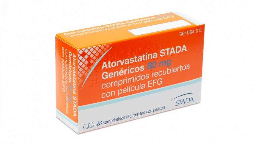 ATORVASTATINA STADA GENERICOS 80 mg COMPRIMIDOS RECUBIERTOS CON PELICULA EFG , 28 comprimidos fotografía del envase.