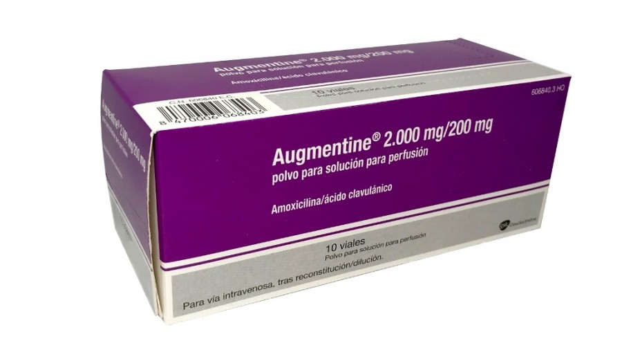 AUGMENTINE 2.000 mg/200 mg POLVO PARA SOLUCION PARA PERFUSION, 50 viales fotografía del envase.