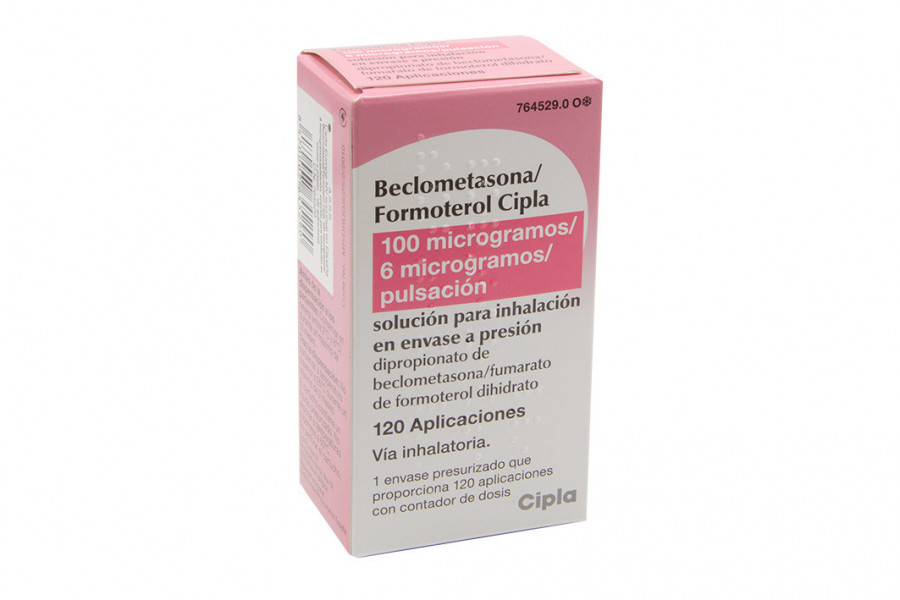 BECLOMETASONA/FORMOTEROL CIPLA 100 MICROGRAMOS/6 MICROGRAMOS/PULSACION SOLUCION PARA INHALACION EN ENVASE A PRESION, 1 inhalador de 120 pulsaciones fotografía del envase.