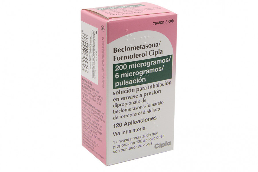 BECLOMETASONA/FORMOTEROL CIPLA 200 MICROGRAMOS/6 MICROGRAMOS/PULSACION SOLUCION PARA INHALACION EN ENVASE A PRESION, 1 inhalador de 120 pulsaciones fotografía del envase.