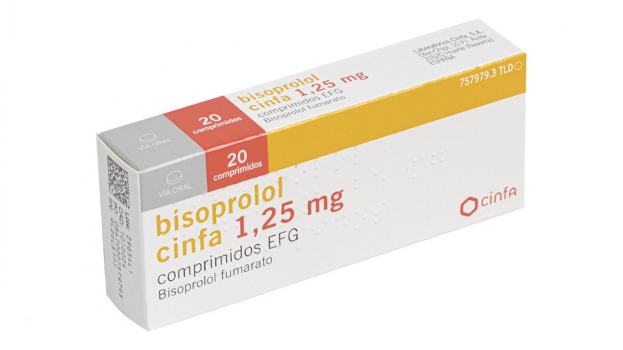 BISOPROLOL CINFA 1,25 MG COMPRIMIDOS EFG, 20 comprimidos (PVC/PVDC/Al) fotografía del envase.