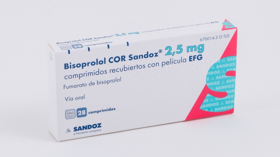 BISOPROLOL COR SANDOZ 2.5 mg COMPRIMIDOS RECUBIERTOS CON PELICULA EFG, 28 comprimidos fotografía del envase.