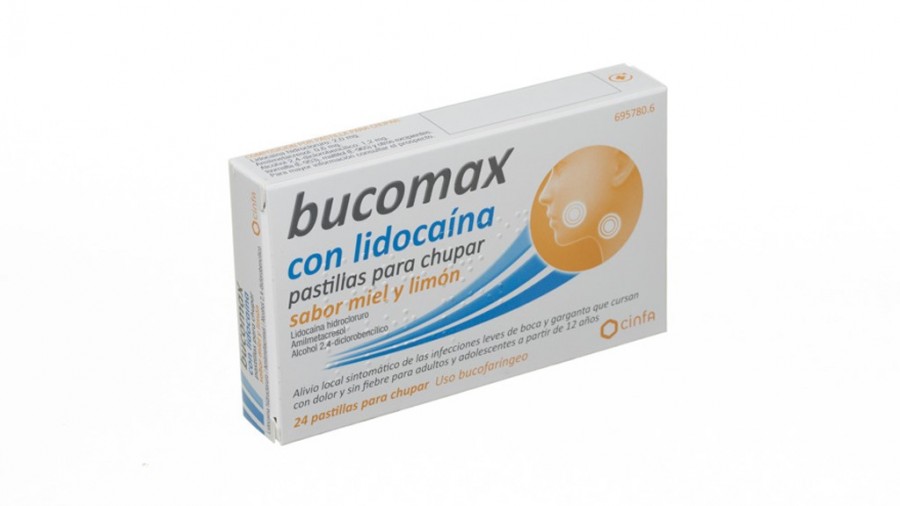 BUCOMAX CON LIDOCAINA PASTILLAS PARA CHUPAR SABOR MIEL Y LIMON, 24 pastillas fotografía del envase.