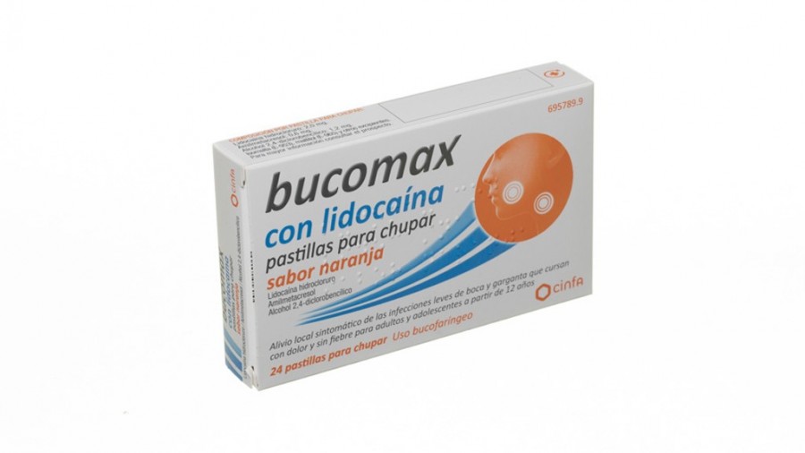 BUCOMAX CON LIDOCAINA PASTILLAS PARA CHUPAR SABOR NARANJA, 8 pastillas fotografía del envase.