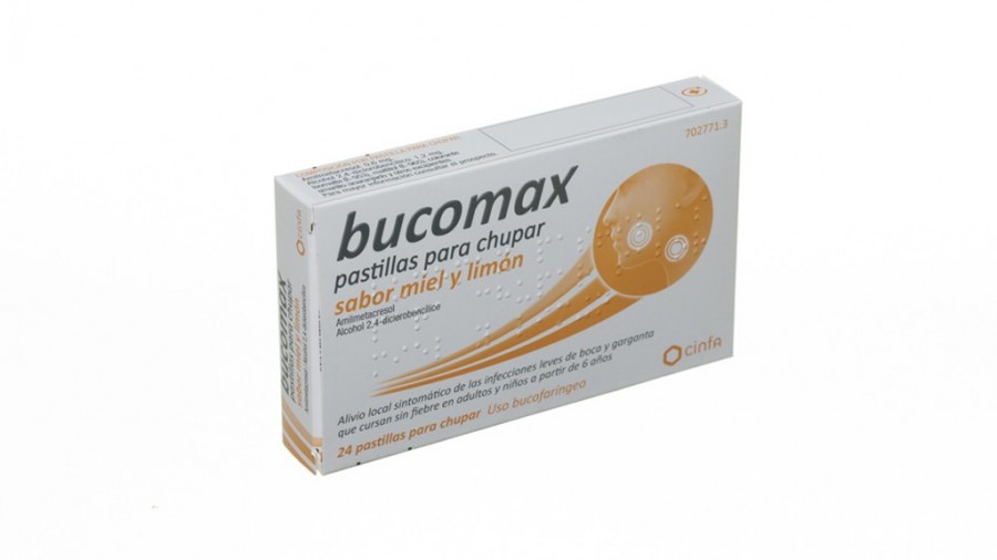 BUCOMAX PASTILLAS PARA CHUPAR SABOR MIEL Y LIMON , 24 pastillas fotografía del envase.