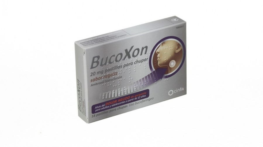 BUCOXON 20 MG PASTILLAS PARA CHUPAR SABOR REGALIZ , 18 pastillas fotografía del envase.