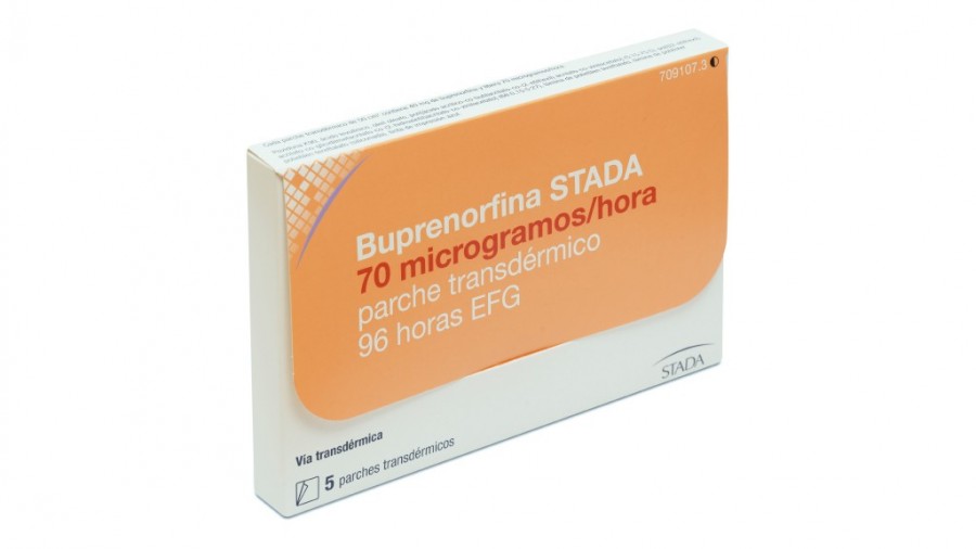 BUPRENORFINA STADA 70 MICROGRAMOS/HORA PARCHE TRANSDERMICO 96 HORAS EFG , 5 parches transdermicos fotografía del envase.